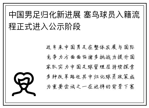 中国男足归化新进展 塞鸟球员入籍流程正式进入公示阶段
